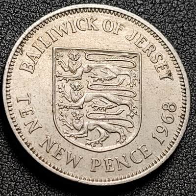 泉币菌-第147场-精品福利场 - 英属泽西10便士铜镍硬币1968年 首发年 28.5毫米11.3克 英女王 三狮