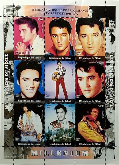 ↓君缘收藏682期☞钱币邮品↓无佣金、可寄存、满30元包邮  - 乍得邮票，2000年“猫王”埃尔维斯·普雷斯利诞辰65周年邮票小版张