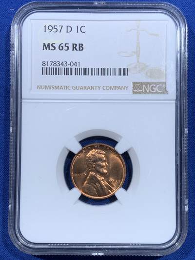 《竞宝斋》第448场 周日，周一，2场连拍 （全场包邮） - NGC MS65RB 美国1957D林肯一分铜币 高分光泽红润