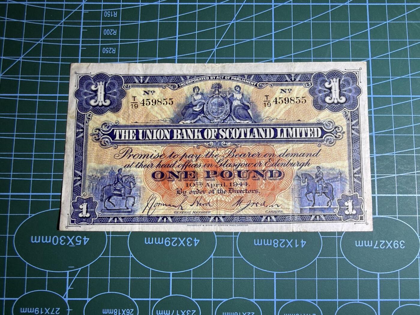 【炜奕收藏】，第五十三期 1944年苏格兰联合银行1镑，品相如图