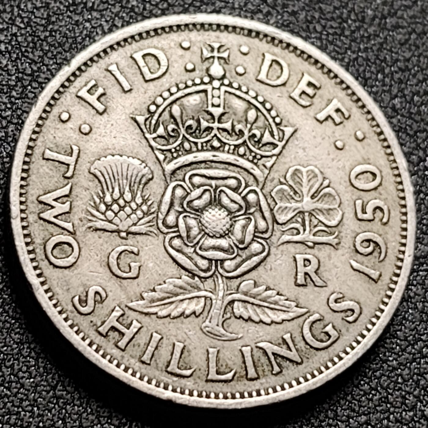 泉币菌-第147场-精品福利场 1950年 英国2先令铜镍硬币 28mm乔治六世 王冠皇家玫瑰