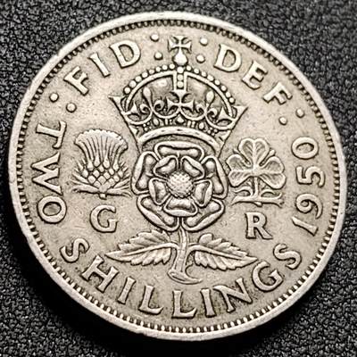 泉币菌-第147场-精品福利场 - 1950年 英国2先令铜镍硬币 28mm乔治六世 王冠皇家玫瑰
