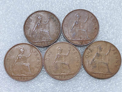 第一海外回流一元起拍收藏 散集专场  第276期 - 英国60年代1便士铜币 5枚 大不列颠英国女神