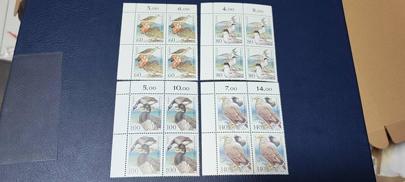 🔥套票🔥德国邮票专场，都是四方联套票 德国邮票四方联一套。1991年发行，海鸟流苏鹬  燕鸥  黑雁  白尾海雕等4全