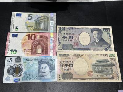 《外钞收藏家》第五百九十四期（畅拍场）（本平台长期征集拍品、欢迎藏友们联系合作） - 三签5欧（全新）和10欧元（有软折）+5英镑全新+1000和2000日元（轻微2潮点）张全新一起