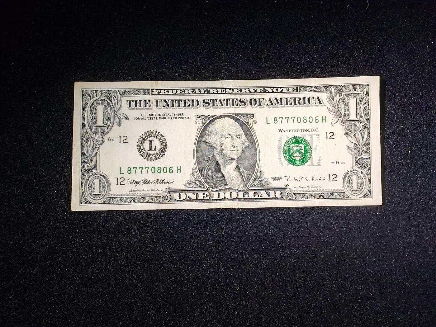美国纸币 1995年 1美元 L区 非全新