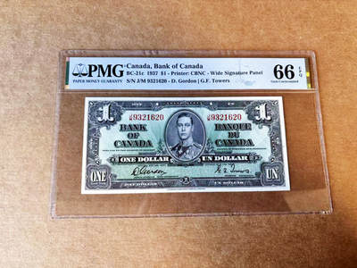 【Blue Auction】世界纸币精拍第763期——18级TOP拍卖/信誉/品质/专业/高效💫 - 【无47】加拿大 1937年1元 PMG66EPQ 高分 英王乔六 丰收女神