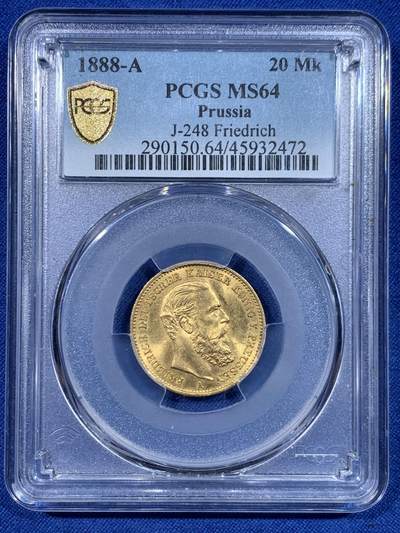 《竞宝斋》第448场 周日，周一，2场连拍 （全场包邮） - PCGS MS64 德国普鲁士1888年三皇腓特烈三世短翅膀20马克金币，900金，7.96g，金典金马克，少见高分收藏级精品。