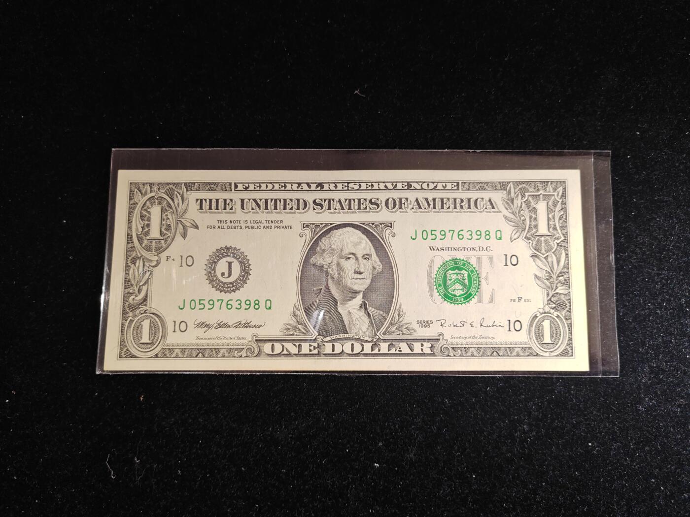 美国纸币 1995年 1美元 J区 全新无折 背面左下微黄