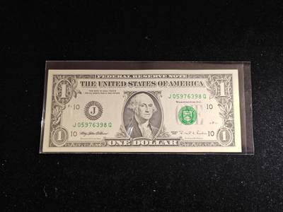 美国纸币 1995年 1美元 J区 全新无折 背面左下微黄 - 美国纸币 1995年 1美元 J区 全新无折 背面左下微黄