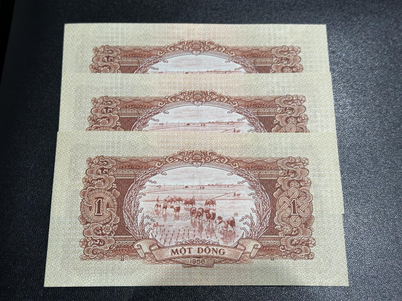 《外钞收藏家》第五百九十四期（畅拍场）（本平台长期征集拍品、欢迎藏友们联系合作） 1958年越南中国代印版1盾 3张一起 全新
