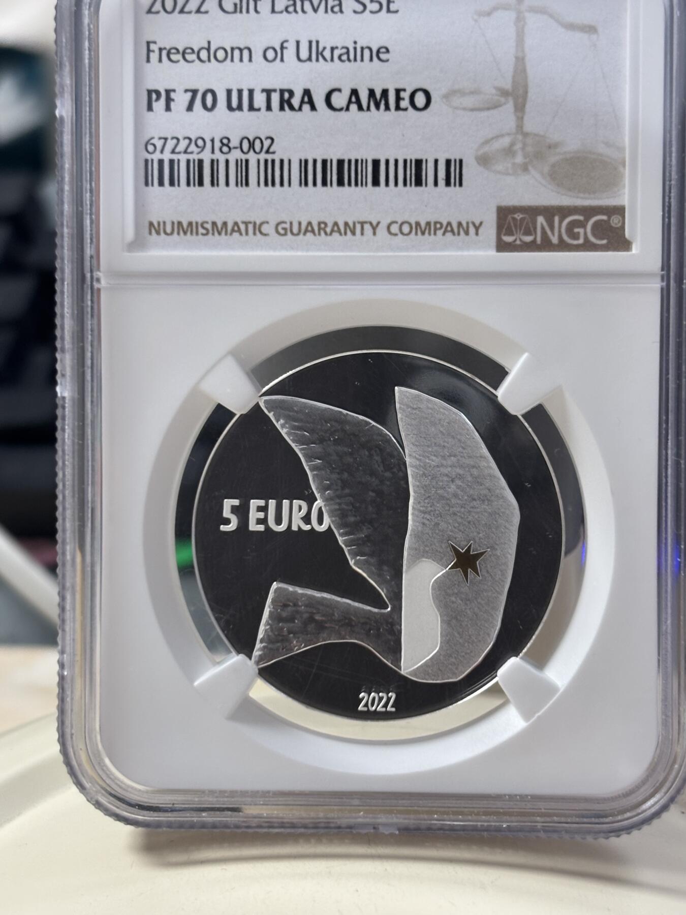 第186期拍卖 拉脱维亚2022年为了自由精制纪念银币NGC-PF70无盒无证书，999银，22克，发行8000枚