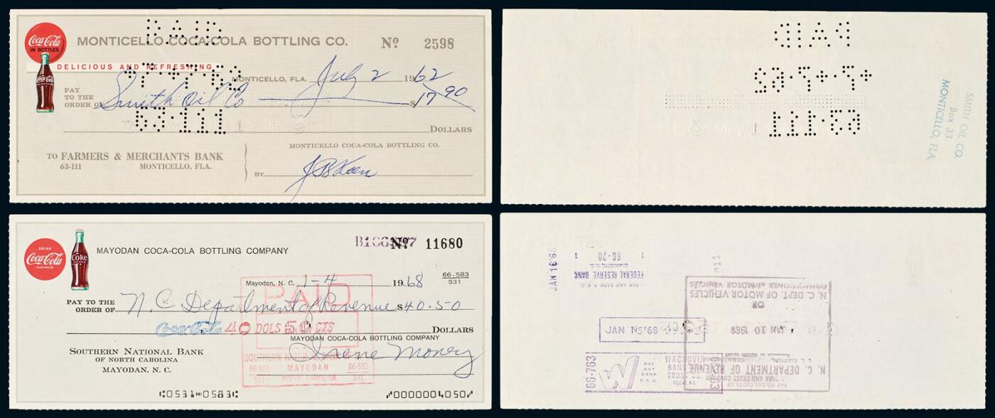 中贸圣佳2025年秋季拍卖会 众妙 1968年 北卡罗来纳州梅约丹可口可乐灌装公司（Mayodan Coca-Cola Bottling Company）支票一组两枚