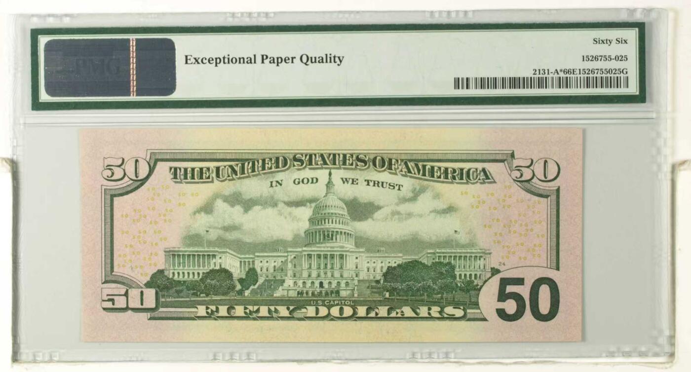 《外钞收藏家》第五百九十四期（畅拍场）（本平台长期征集拍品、欢迎藏友们联系合作） 2009年 彩色版 50美元 星补号 万位号码000打头 号码无4 PMG老壳严评66EPQ