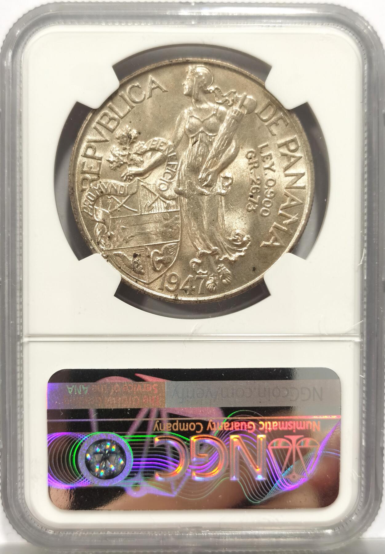 博洋堂世界钱币拍卖第153期（全场包邮） NGC MS64 巴拿马1947年一巴尔博亚大银币，淡彩转光好品，极美的状态。