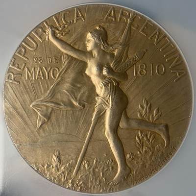 NGC MS62 : 1910年阿根廷共和国独立百周年纪念镀金银章，58mm， Nicolas Maier法国章优秀作品集#182号