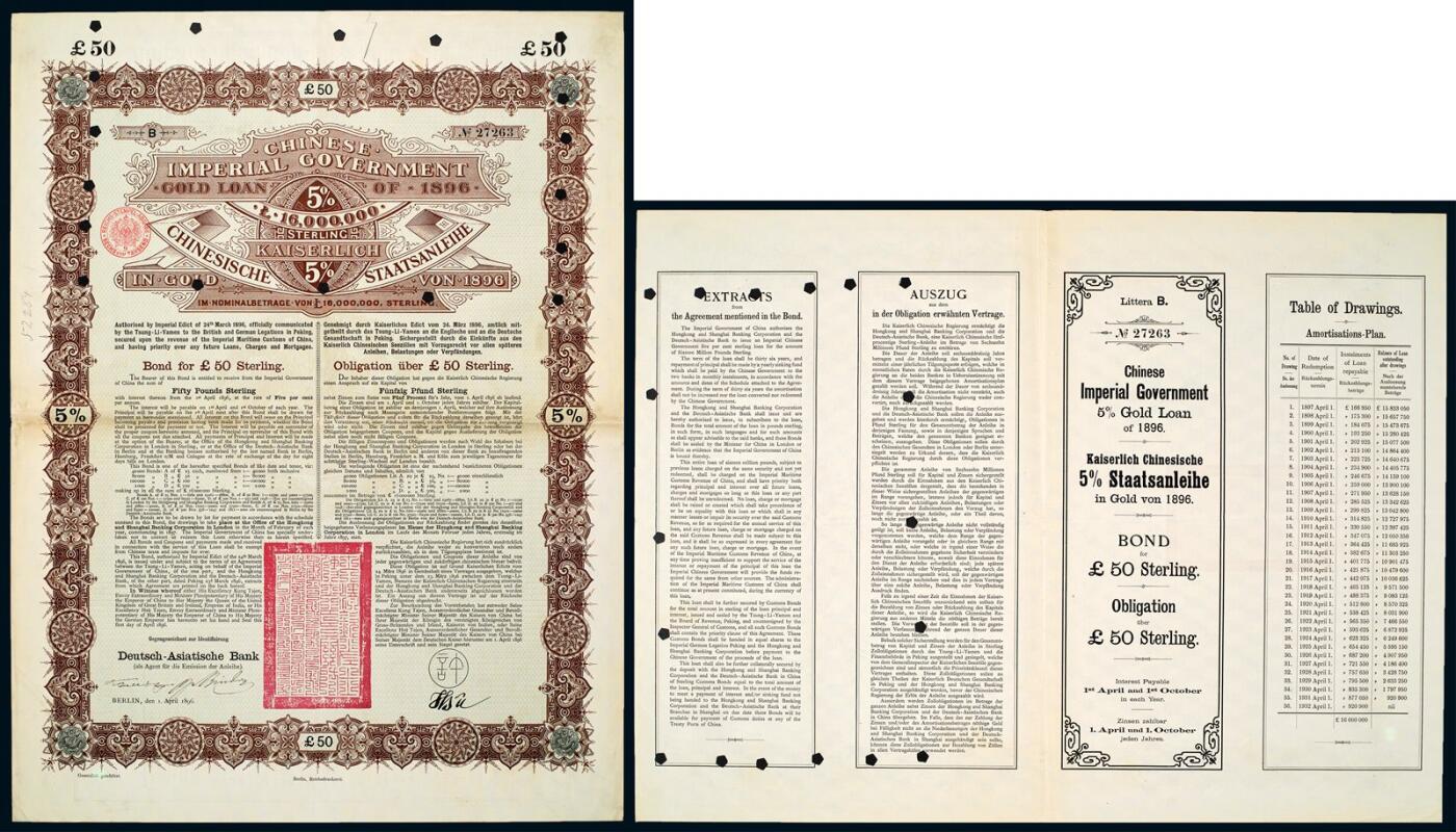 中贸圣佳2025年秋季拍卖会 众妙 1896年 黄金贷款债券50英磅一件票