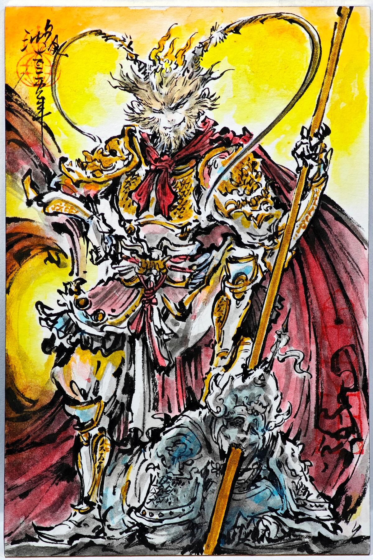 白泽拍卖卡牌手绘专场第30期（白金之夜 跨年大拍） 2025 沈鑫手绘卡 大圣 尺寸：10cm*15cm  沈鑫亲签