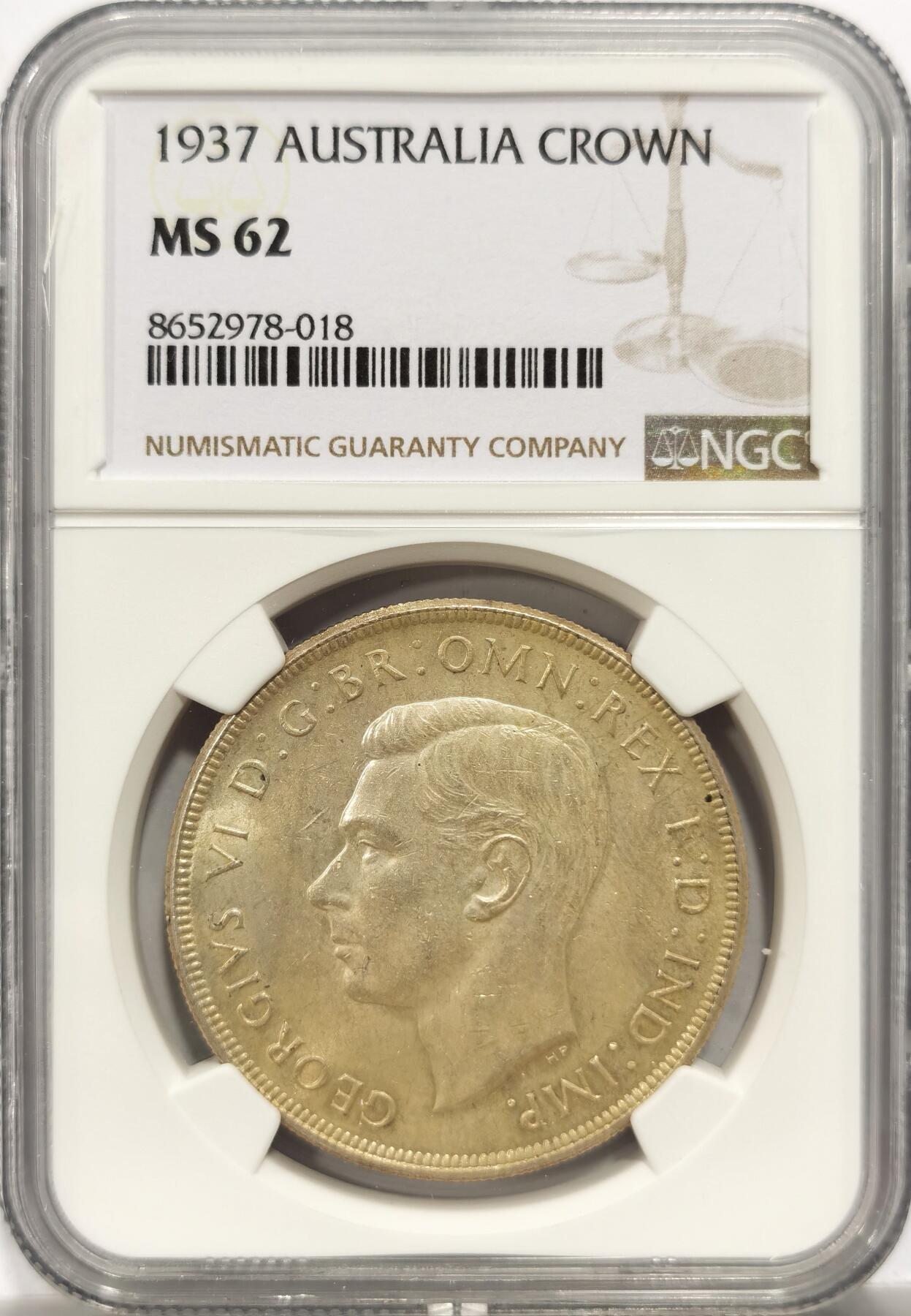 博洋堂世界钱币拍卖第153期（全场包邮） NGC MS62 澳大利亚1937年乔治六世克朗大银币，925高银，保存不易，好品少见，淡黄油包浆，转光丝滑。