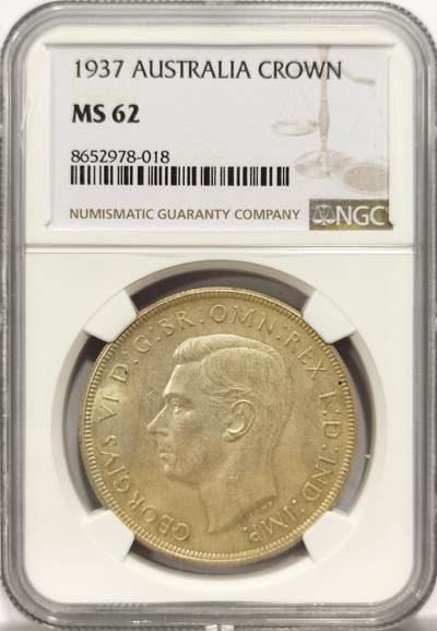 博洋堂世界钱币拍卖第153期（全场包邮） - NGC MS62 澳大利亚1937年乔治六世克朗大银币，925高银，保存不易，好品少见，淡黄油包浆，转光丝滑。