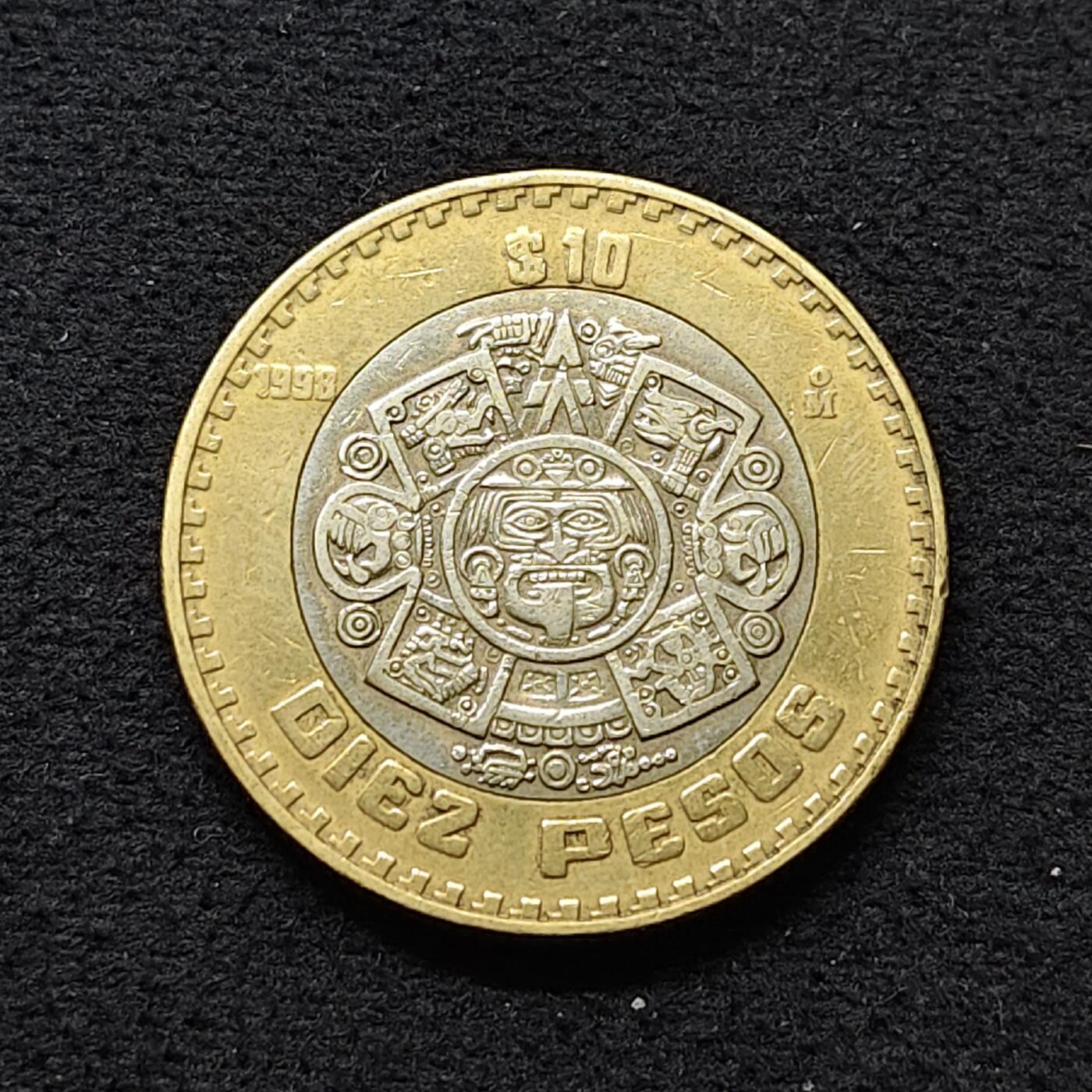 【全场包邮】纯粹捡漏拍486场（免费代拍第23场） 墨西哥1998年10元阿兹特克太阳神托纳蒂乌双色币