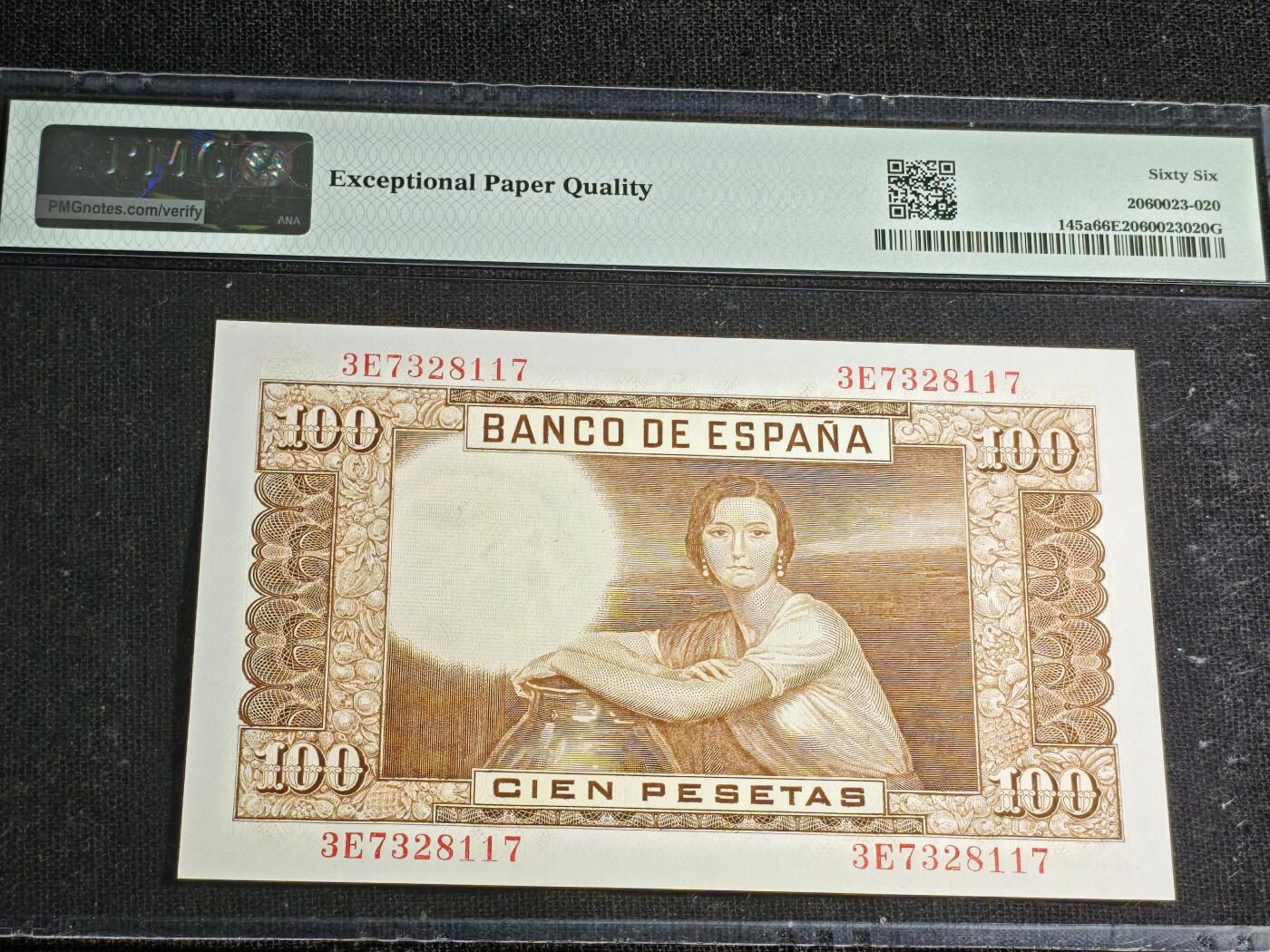 刘世昌艺术品销售中心～虎踞龙蟠*金杨在线联拍群第512期 西班牙1953年100比塞塔（PMG 66E 号码：3E7328117）1枚。