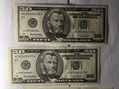 【礼羽收藏】🌏世界钱币拍卖第116期 - 1996年 50美元 大头版首发年份 两连号 实物图