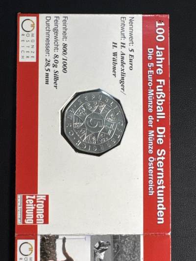 ❤️【币观天下】❤️ 第335期钱币拍卖- 2025.12.19周五晚上6点半场-长期征集拍品 - 原厂卡折奥地利2004年现代足球运动100周年纪念银币800银10克直径28.5毫米