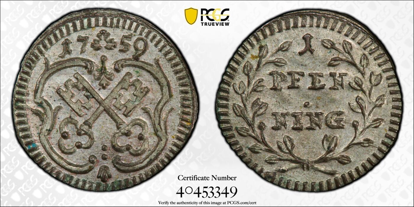 博洋堂世界钱币拍卖第153期（全场包邮） PCGS MS65 德国雷根斯堡1759年1芬尼银币，仅有2枚更高分