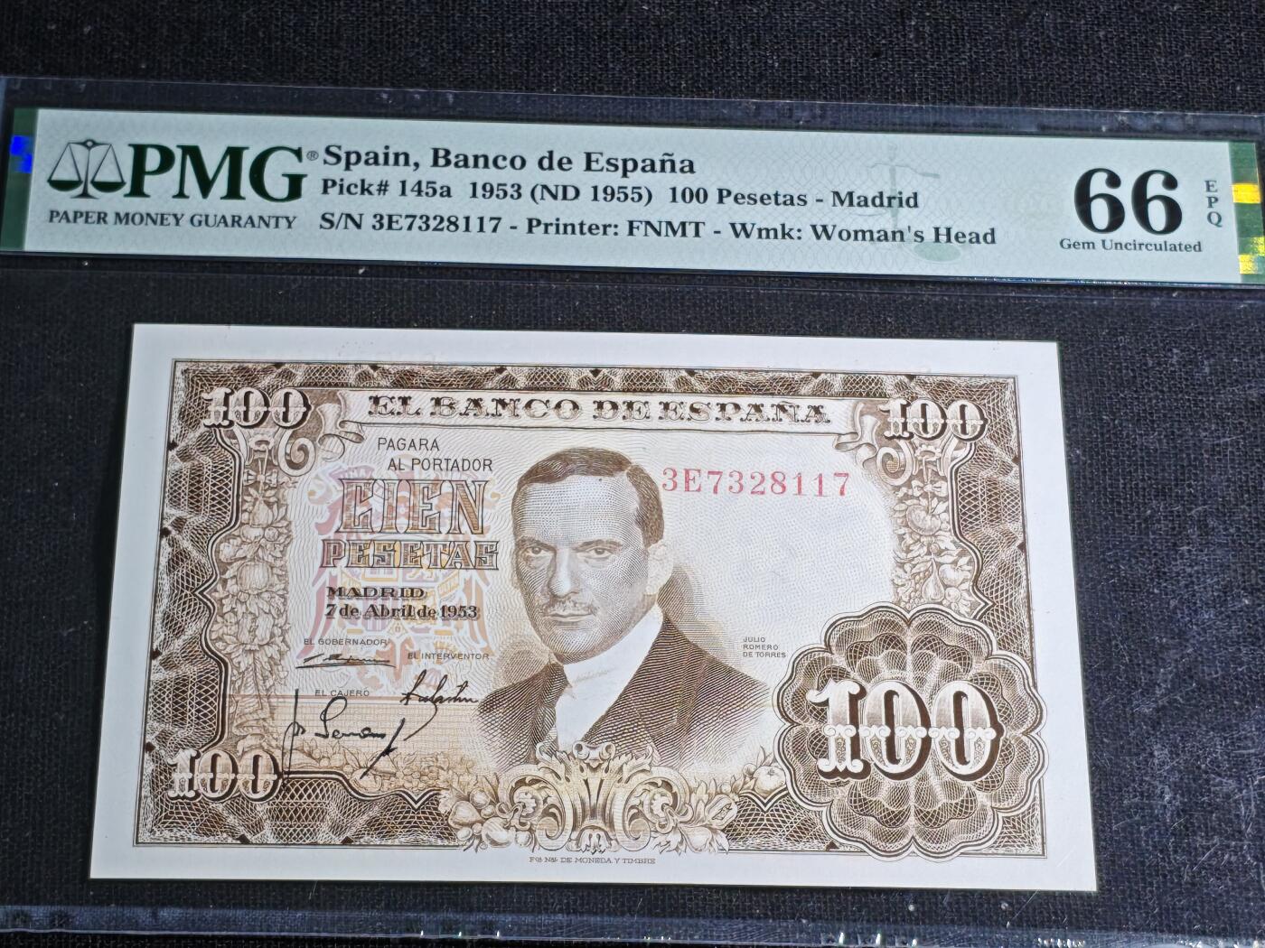 刘世昌艺术品销售中心～虎踞龙蟠*金杨在线联拍群第512期 西班牙1953年100比塞塔（PMG 66E 号码：3E7328117）1枚。