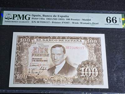 刘世昌艺术品销售中心～虎踞龙蟠*金杨在线联拍群第512期 - 西班牙1953年100比塞塔（PMG 66E 号码：3E7328117）1枚。