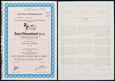 中贸圣佳2025年秋季拍卖会 众妙 - 1987年 欧洲迪士尼（Euro Disneyland s.c.A.）股票证书