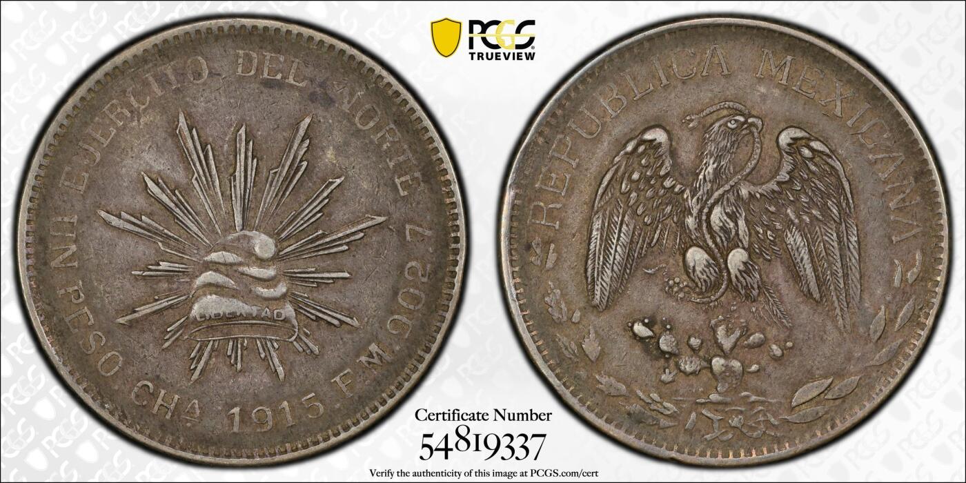 博洋堂世界钱币拍卖第154期（全场包邮） PCGS XF45 墨西哥1915年革命时期奇瓦瓦1比索大银币，热门名誉品种，国内难得一见