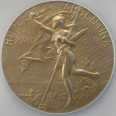 NGC MS62 : 1910年阿根廷共和国独立百周年纪念镀金银章，58mm， Nicolas Maier法国章优秀作品集#182号