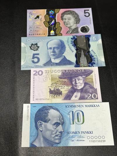 《外钞收藏家》第五百九十四期（畅拍场）（本平台长期征集拍品、欢迎藏友们联系合作） - 澳大利亚5元、加拿大5元、瑞典20克朗（轻微潮点）、芬兰10马克 四张一起 全新UNC