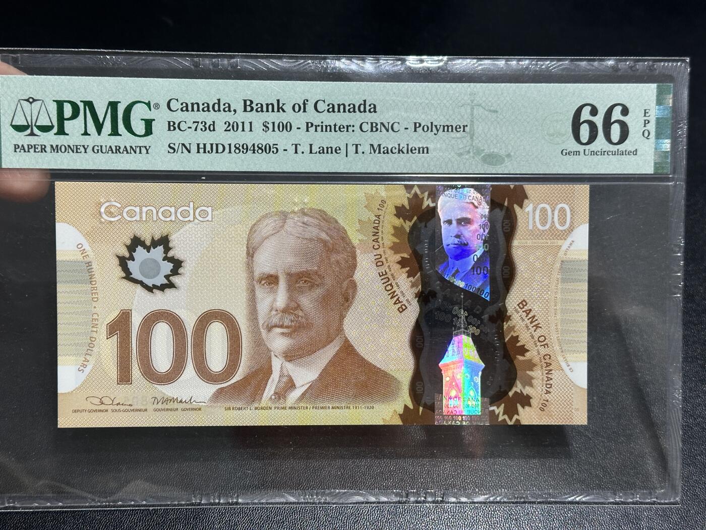 《外钞收藏家》第五百九十四期（畅拍场）（本平台长期征集拍品、欢迎藏友们联系合作） 2011年加拿大100加元 塑料钞  PMG66