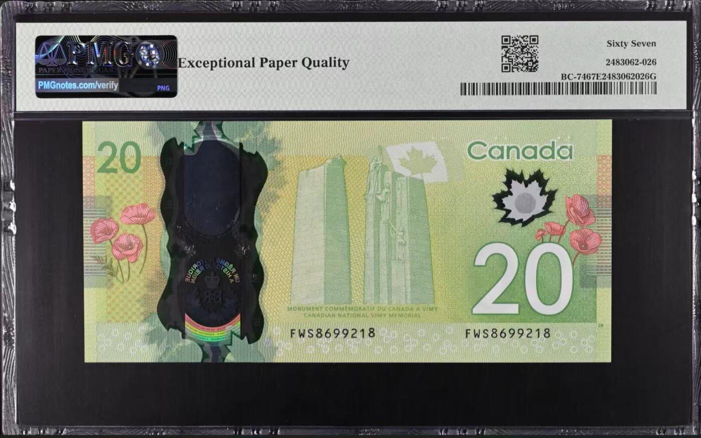 【礼羽收藏】🌏世界钱币拍卖第116期 加拿大20元 纪念钞 FWS首发冠+ 无3457尾8靓号 PMG67高分，一步到位收藏