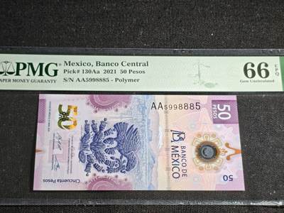 刘世昌艺术品销售中心～虎踞龙蟠*金杨在线联拍群第512期 - 墨西哥2021年50比索（PMG   66E   号码：AA 5998885）1枚。此币荣获当年IBNS世界纸币大奖赛“最佳纸币”大奖。