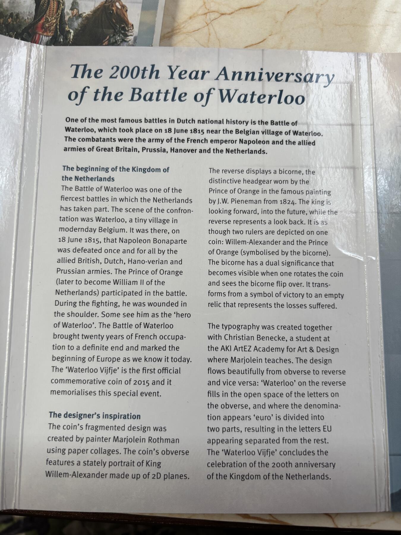 第185期拍卖 荷兰2015年5欧元精制银币 滑铁卢战役 15.5克925银 发行量：1万2千5百 卡装