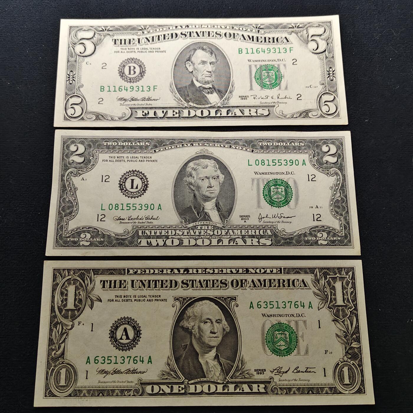 【全场包邮】纯粹捡漏拍486场（免费代拍第23场） 【纸钞】美国1-2-5元纸钞3枚小套一组