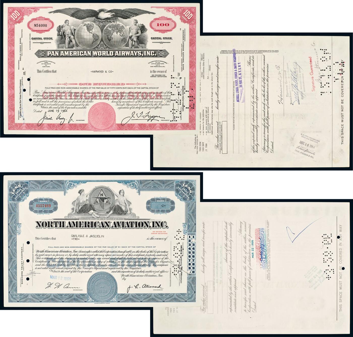 中贸圣佳2025年秋季拍卖会 众妙 20世纪60年代 泛美航空公司（Pan American World Airways）及北美航空公司（North American Aviation）股票证书一组两枚