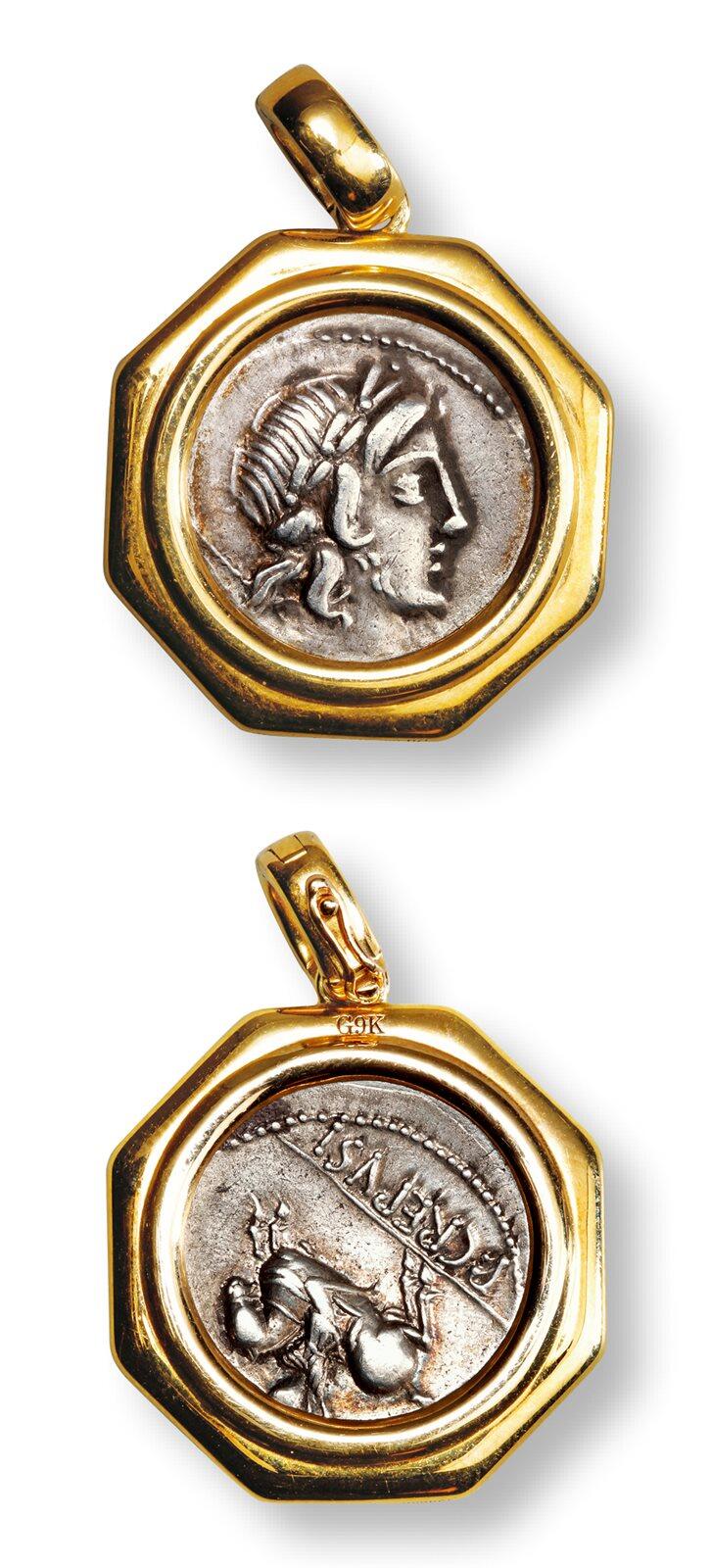中贸圣佳2025年秋季拍卖会 众妙 公元前82年 古罗马共和时期阿波罗一狄纳里银币镶嵌9K金吊坠