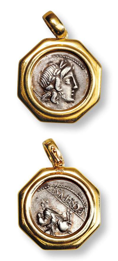 中贸圣佳2025年秋季拍卖会 众妙 - 公元前82年 古罗马共和时期阿波罗一狄纳里银币镶嵌9K金吊坠