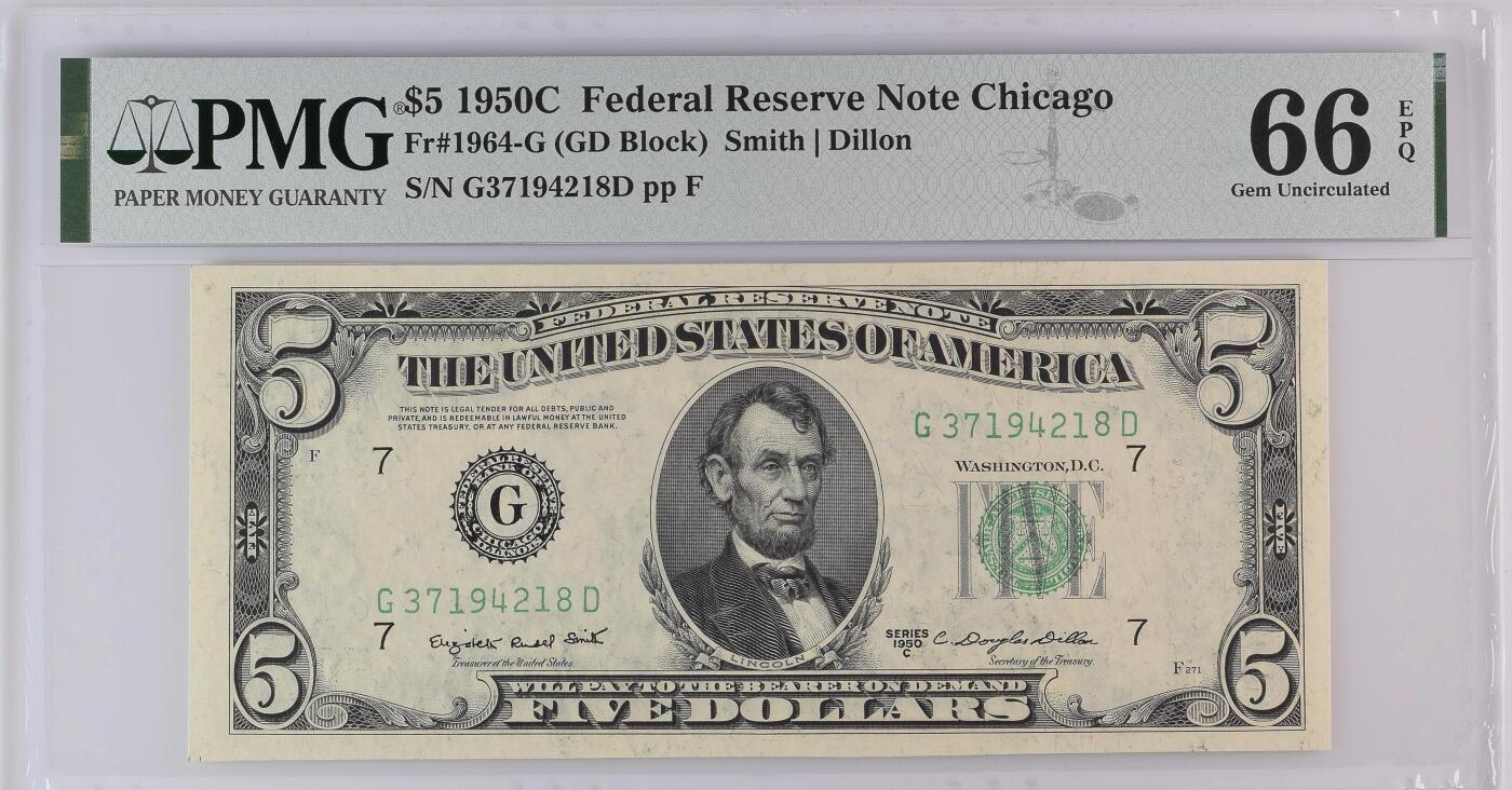 【礼羽收藏】🌏世界钱币拍卖第116期 1950年 5美元 联邦储备券 PMG66EPQ 仅有5张冠军分