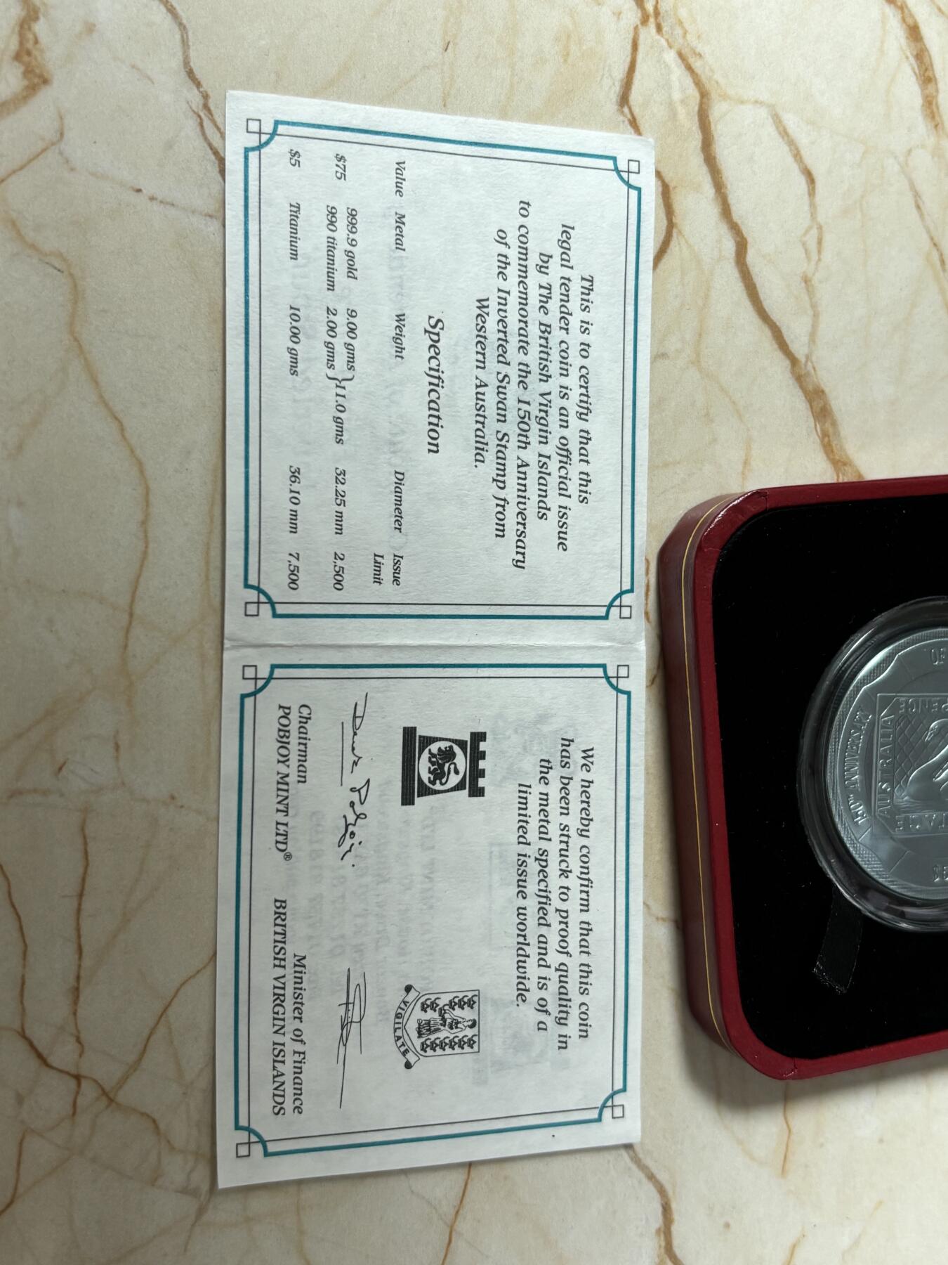 第186期拍卖 英属维尔京群岛2005 年倒天鹅邮票 青色 钛币 纪念币，10g，36.1mm，发行量7500枚