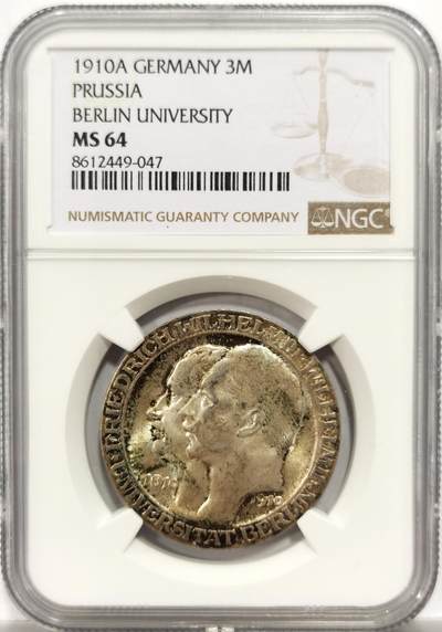 博洋堂世界钱币拍卖第153期（全场包邮） - NGC MS64 德国普鲁士王国1910年柏林大学建成一百周年3马克银币，原汁原味，包浆醇厚浓郁，味道绝，极美老包浆。