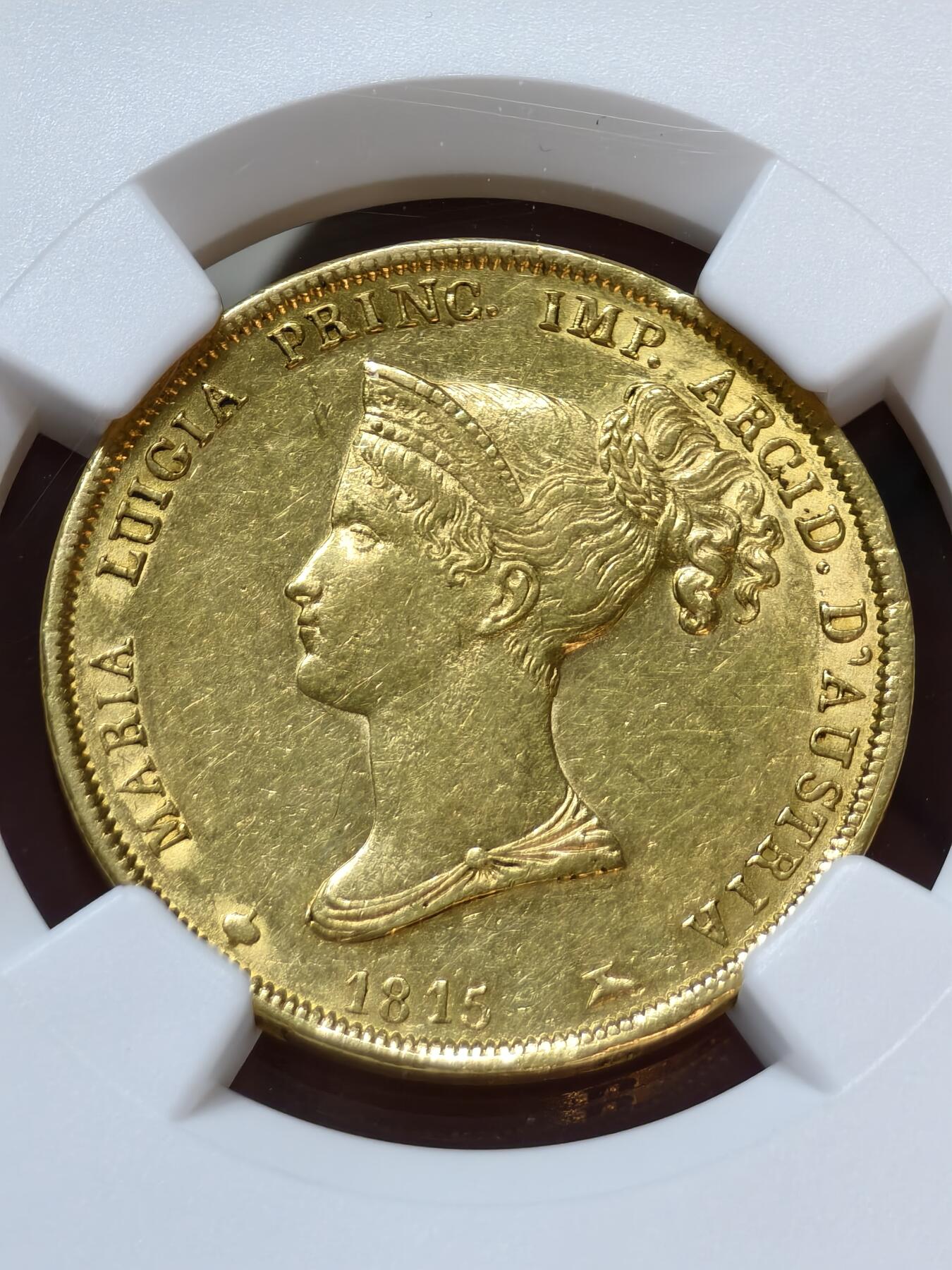 PCGS-AU58意大利帕尔马大公国玛丽露易丝40里拉金币