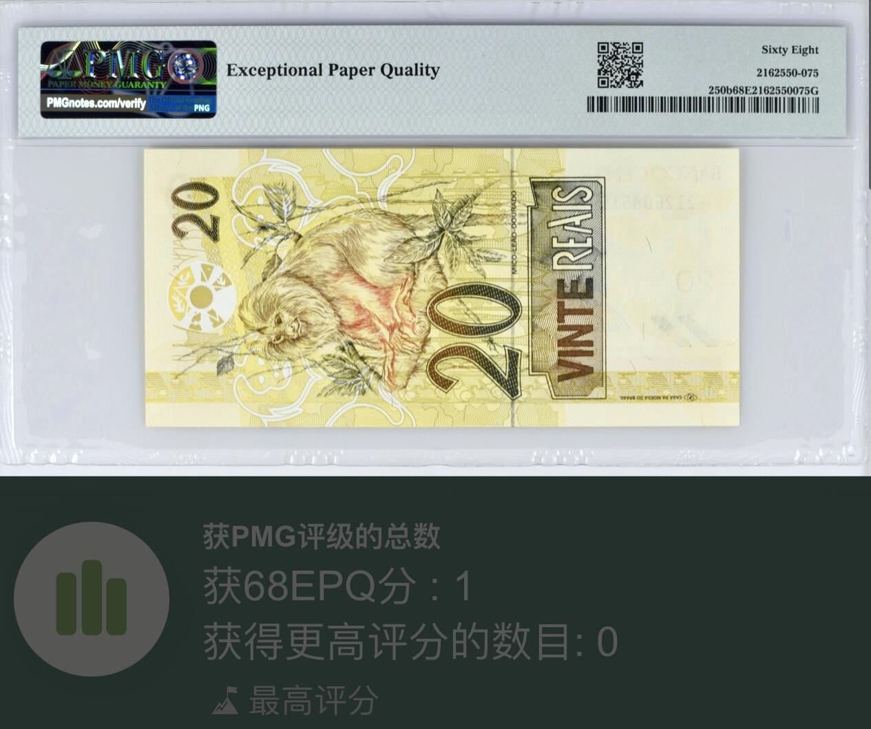 【礼羽收藏】🌏世界钱币拍卖第116期 PMG68 巴西20雷亚尔 非常稀少AA冠 初版二签 多年来唯一冠军分 很难出分品种