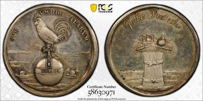 万国钱币拍卖第057期（万国冬季大拍） - PCGS MS62 1679瑞典查理十一世瑞典与丹麦和平讽刺纪念大银章 高卢雄鸡站在瑞典宝球之上 1679年路易十四用武力确保瑞典在苏格兰战争结束后从丹麦和勃兰登堡夺回了几乎所有失去的领土 非常讽刺的是 这个讽刺描绘了高卢公鸡的羽毛保护着瑞典帝国的宝球 43.22MM 41.7G 实物非常厚重压手 PCGS加厚盒唯一冠军分罕见北欧高浮雕大事记银章