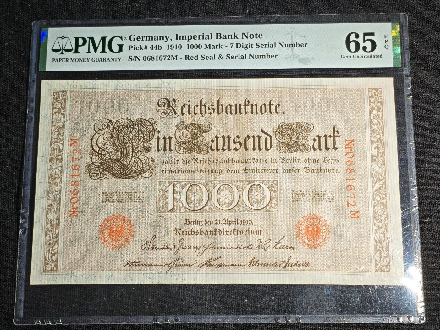 刘世昌艺术品销售中心～虎踞龙蟠*金杨在线联拍群第512期 德国1910年1000马克（PMG 65E 号码：0681672M）1枚。